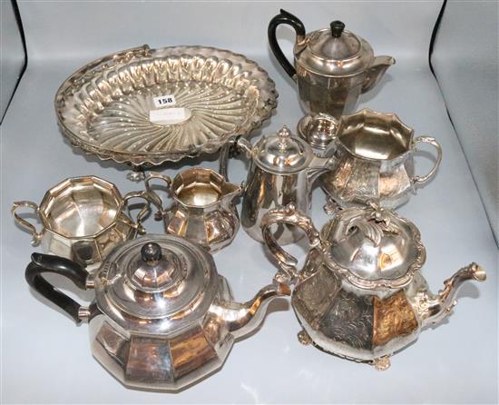 2 silver cases, plated tea wares and a cake basket